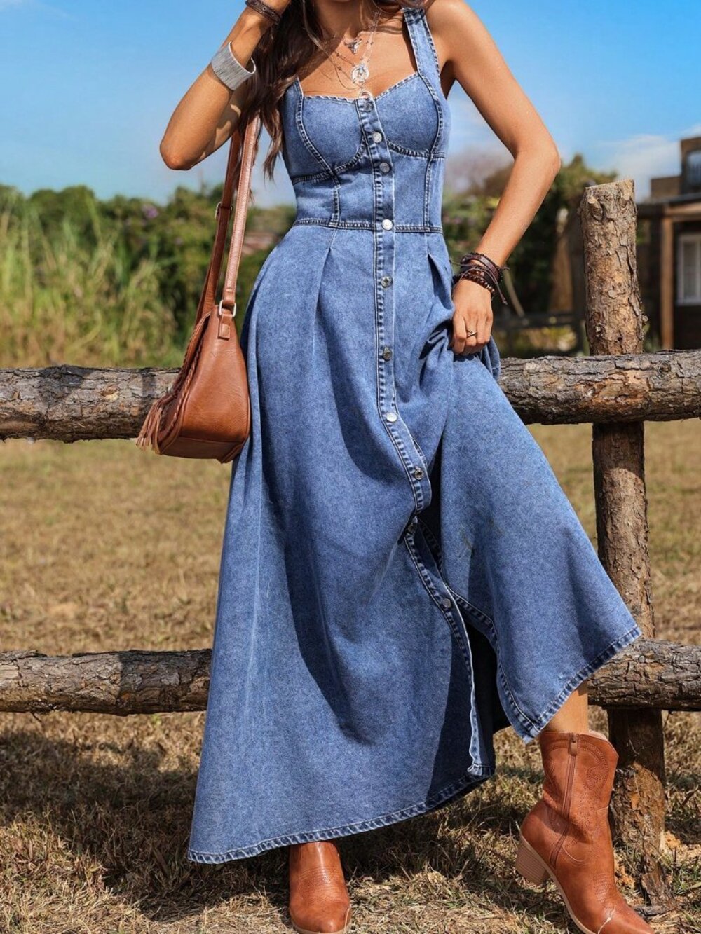 Blue Casual Women's Sweetheart Collar Single-Breasted Sleeveless Denim Dress - Picture 7 of 7